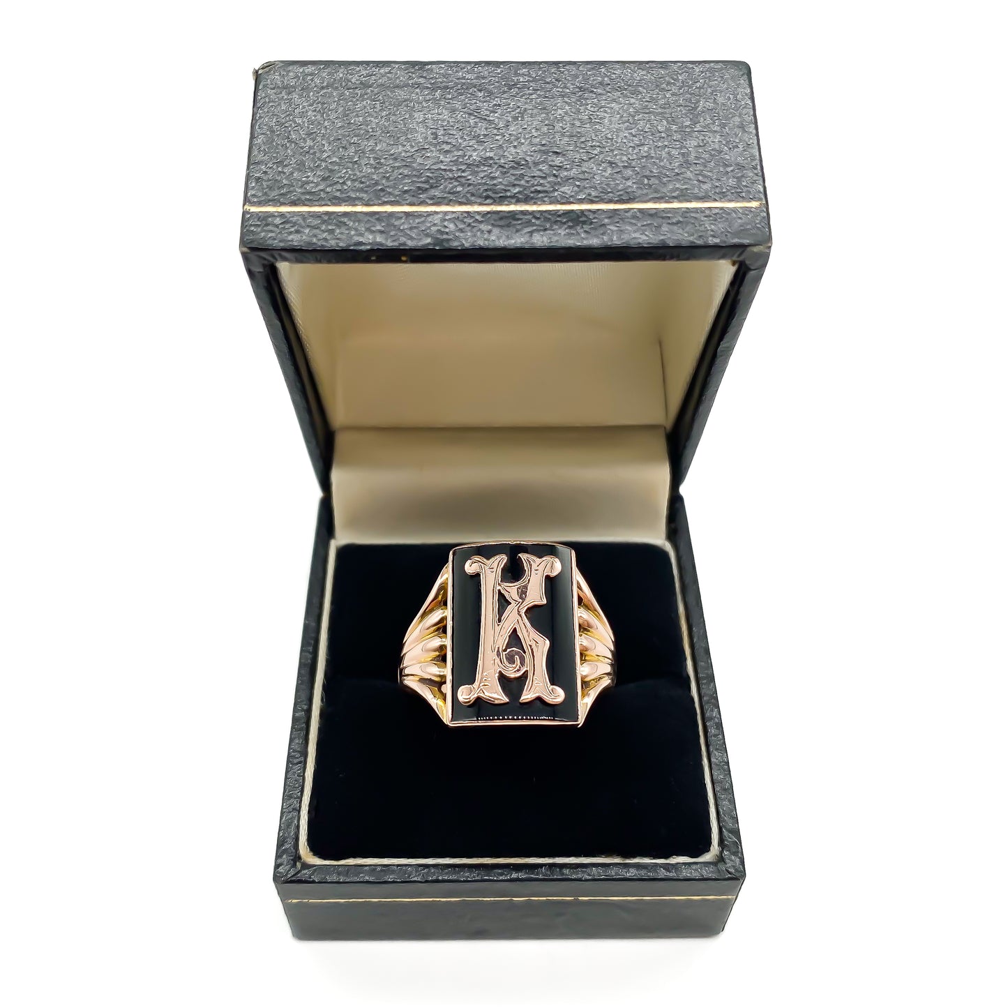 Charming 9ct rose gold signet ring with black enamelling and a fancy script letter “K”.