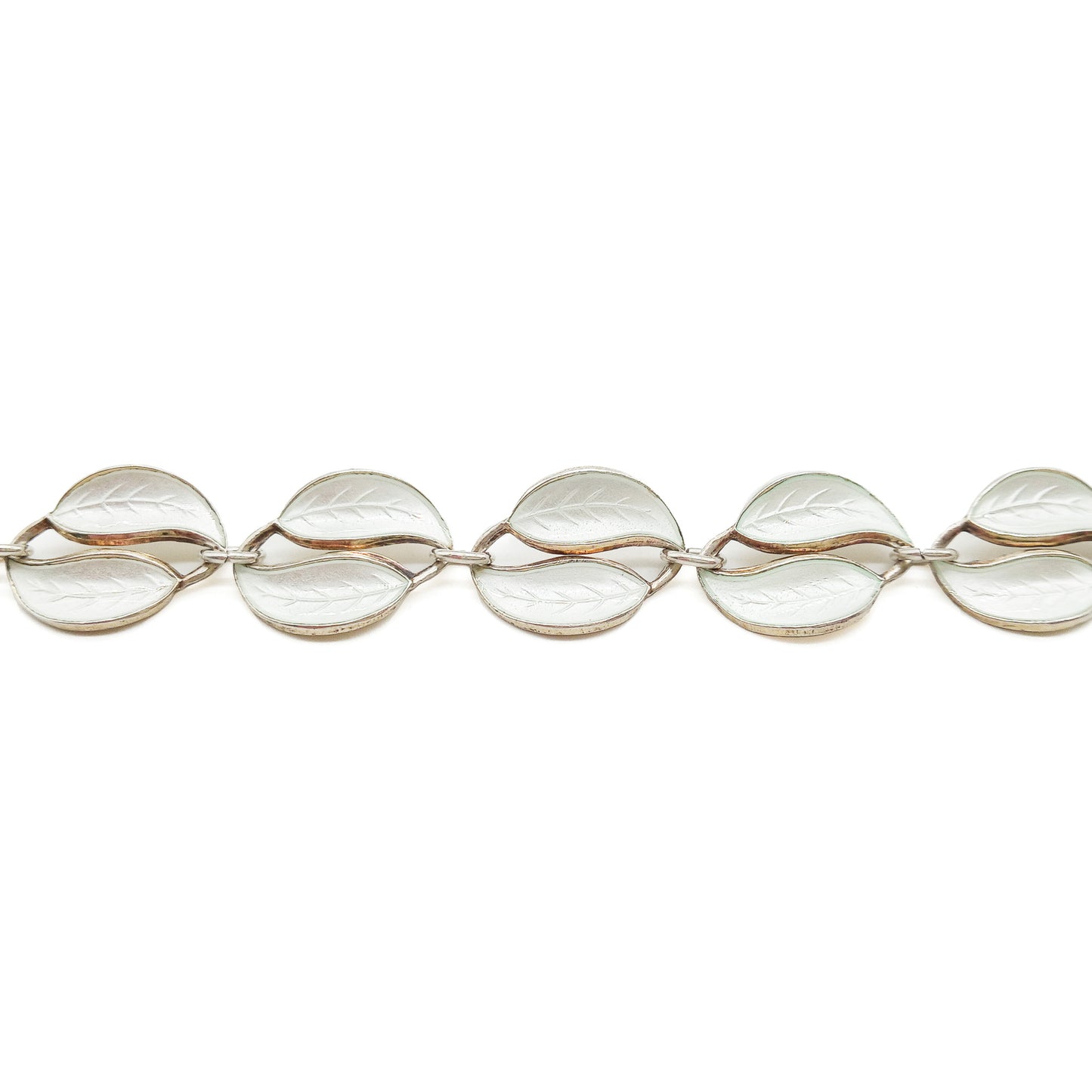 Stylish white enamelled silver gilt vintage leaf bracelet. Would work beautifully as a bridal accessory. Has a matching necklace. David Anderson. Norway.
