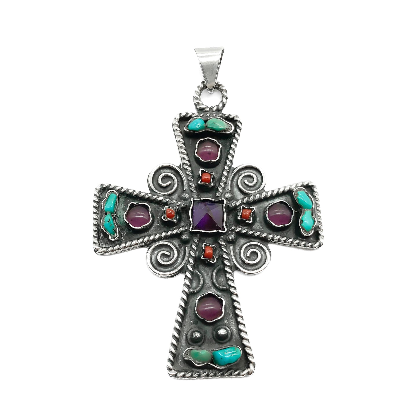 Magnificent oxidised sterling silver Mexican cross pendant set with amethyst, turquoise and coral gemstones. Handmade.
