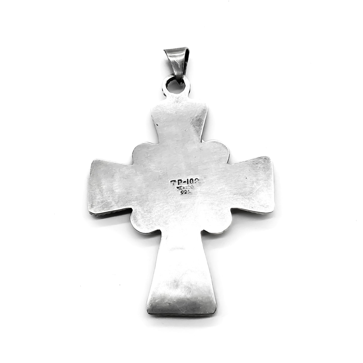 Magnificent oxidised sterling silver Mexican cross pendant set with amethyst, turquoise and coral gemstones. Handmade.