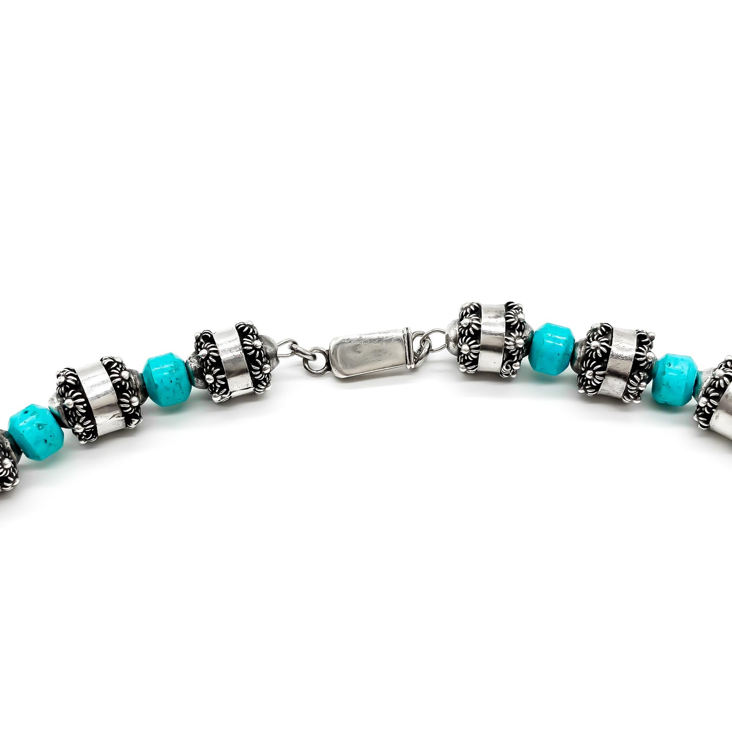 Stunning vintage Mexican necklace with sterling silver filigree and turquoise beads. Eagle Hallmark (Post 1947)