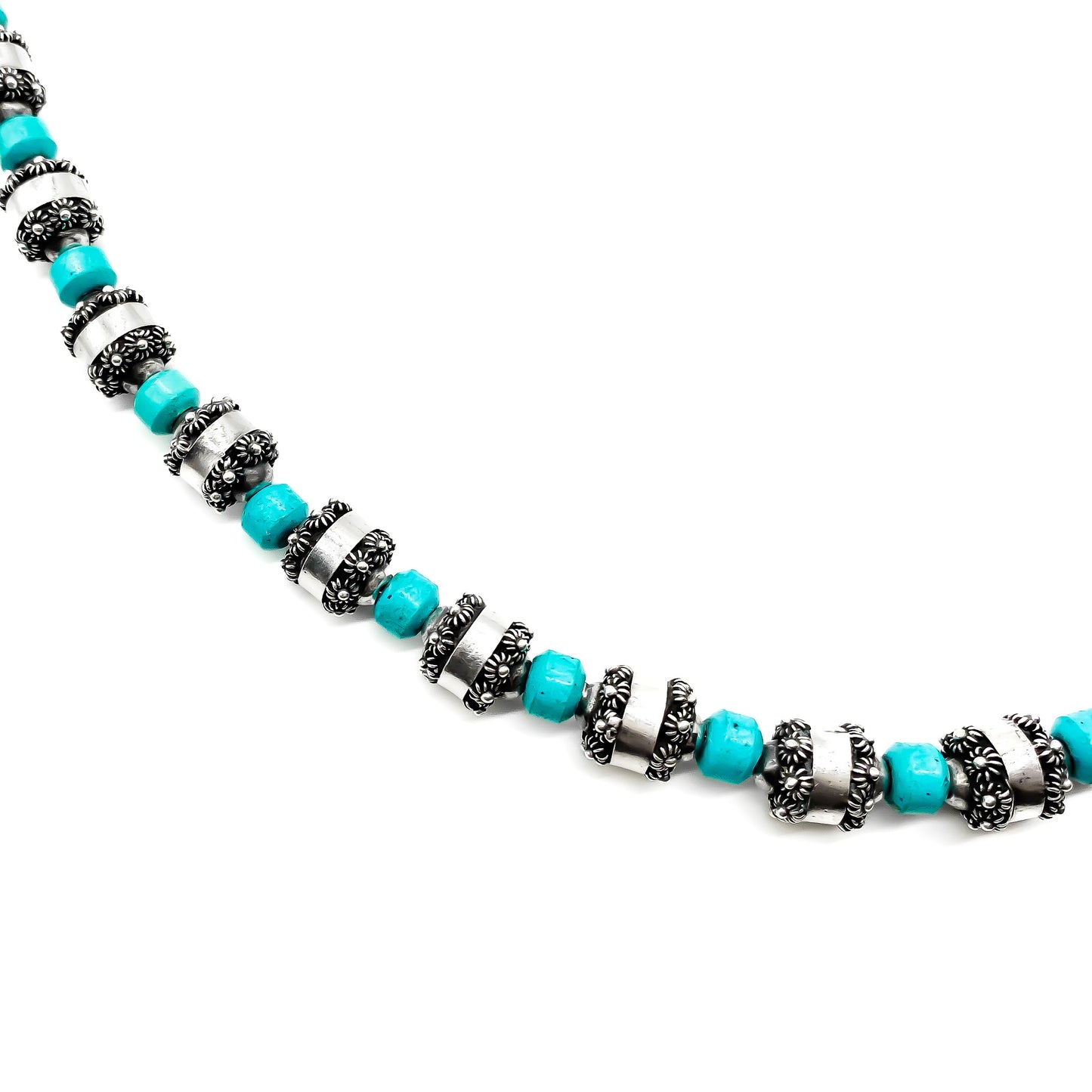 Stunning vintage Mexican necklace with sterling silver filigree and turquoise beads. Eagle Hallmark (Post 1947)