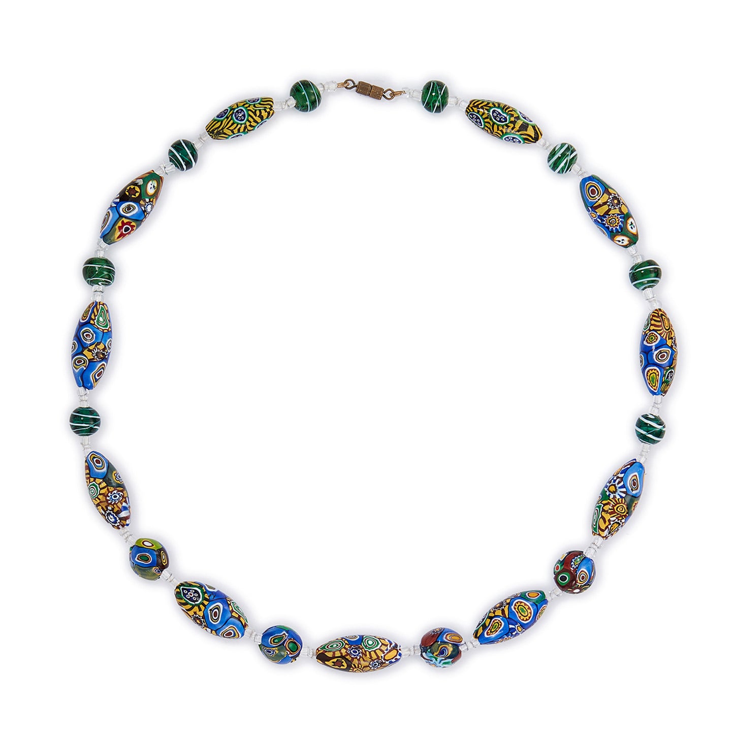 Vintage necklace made up of sought after Italian Millefiore beads, interspersed with glass lampwork and seed beads. The beads have a lovely, vibrant array of blue, green, yellow, red and brown colours.