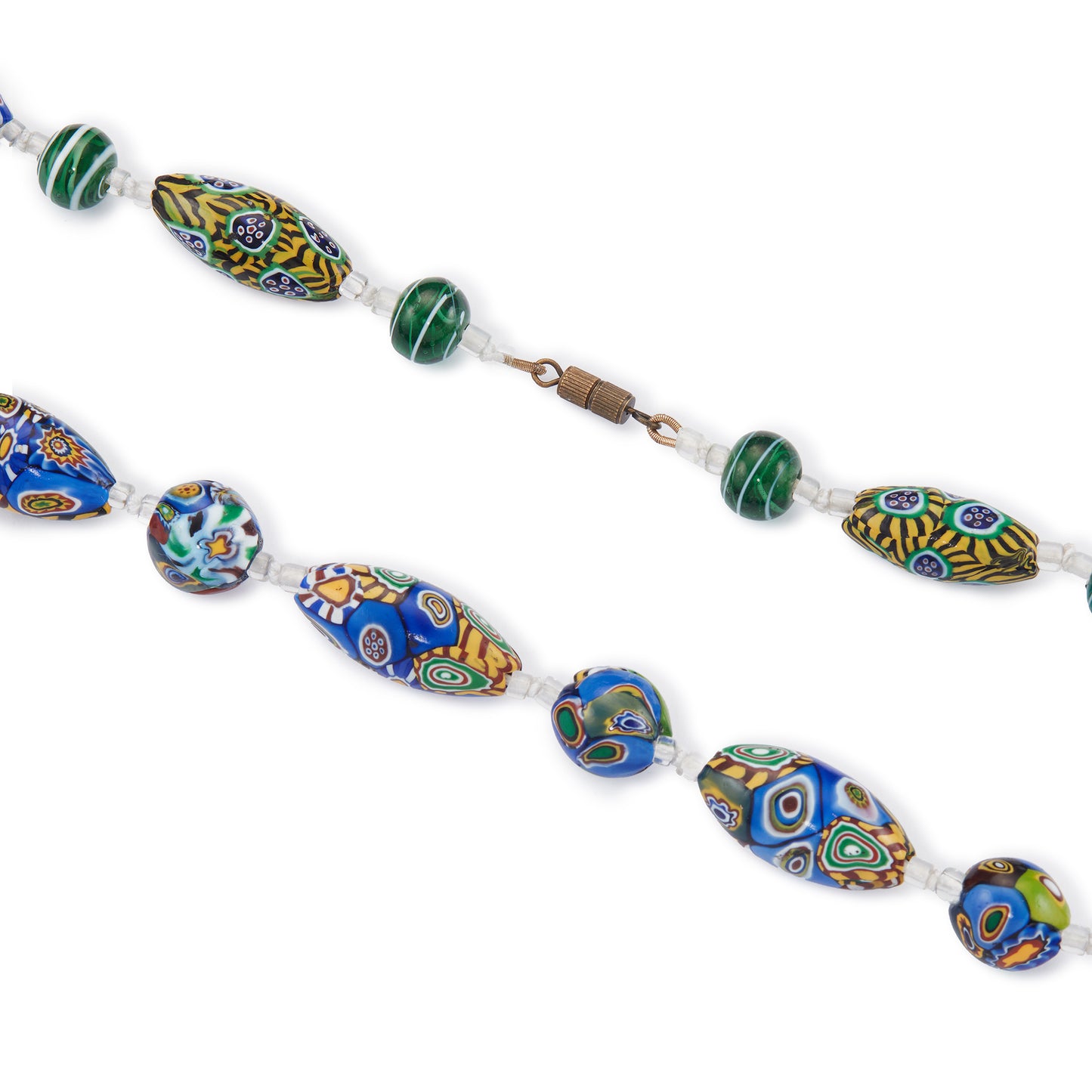 Vintage necklace made up of sought after Italian Millefiore beads, interspersed with glass lampwork and seed beads. The beads have a lovely, vibrant array of blue, green, yellow, red and brown colours.