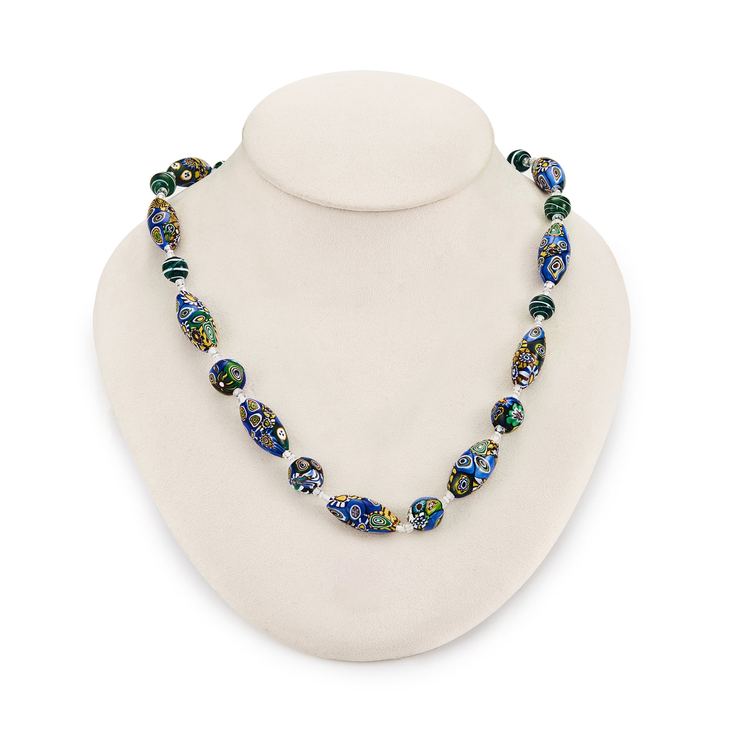 Vintage necklace made up of sought after Italian Millefiore beads, interspersed with glass lampwork and seed beads. The beads have a lovely, vibrant array of blue, green, yellow, red and brown colours.