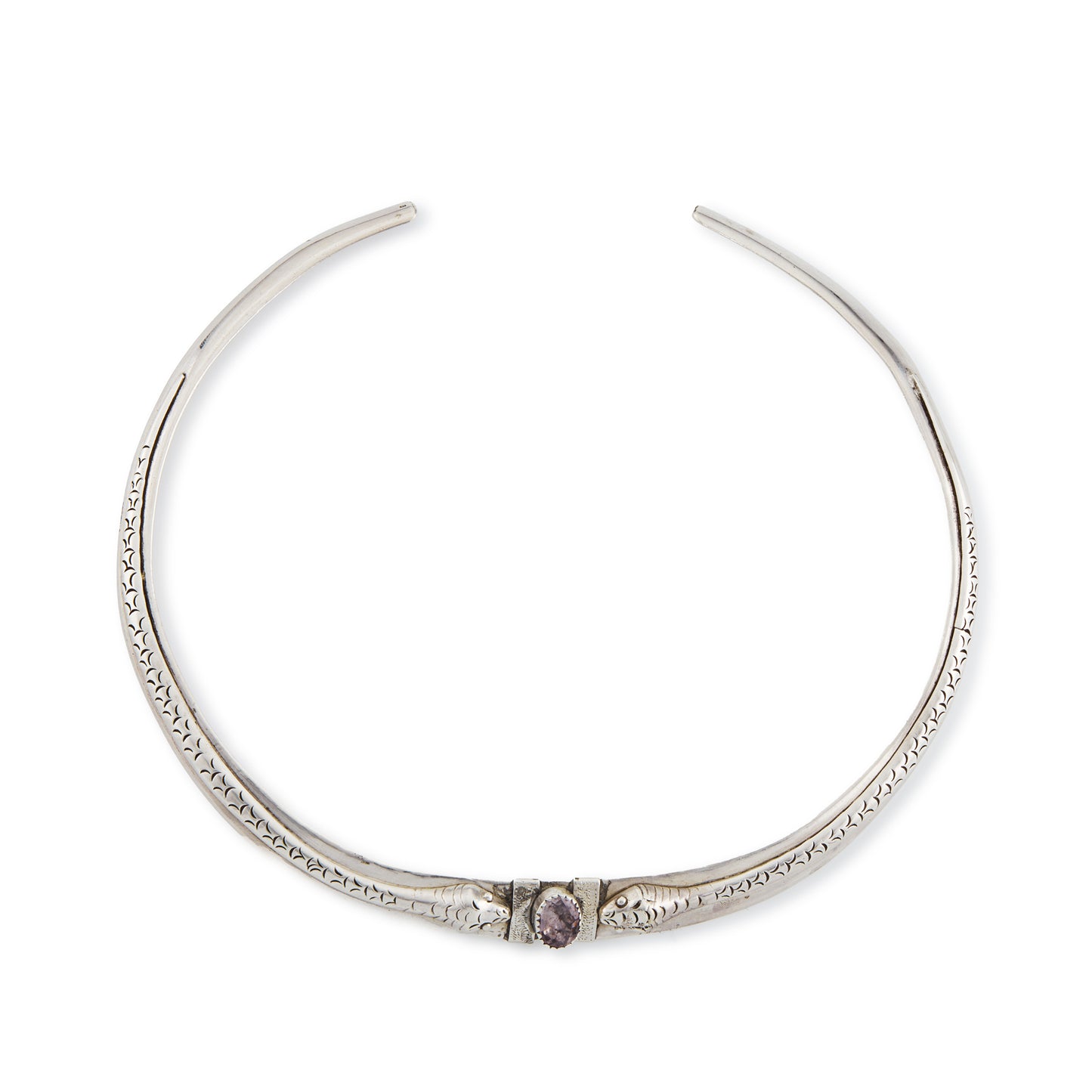 Stylish Mid-century silver choker depicting two beautifully carved serpents, centred by a light purple amethyst.