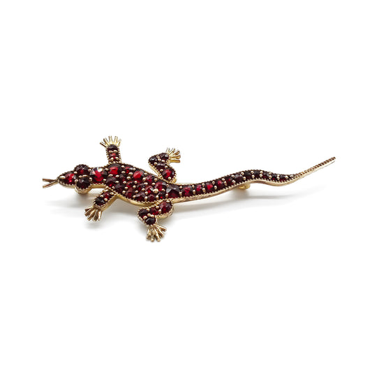 Charming vintage silver gilt lizard brooch set with deep red Bohemian garnets. 