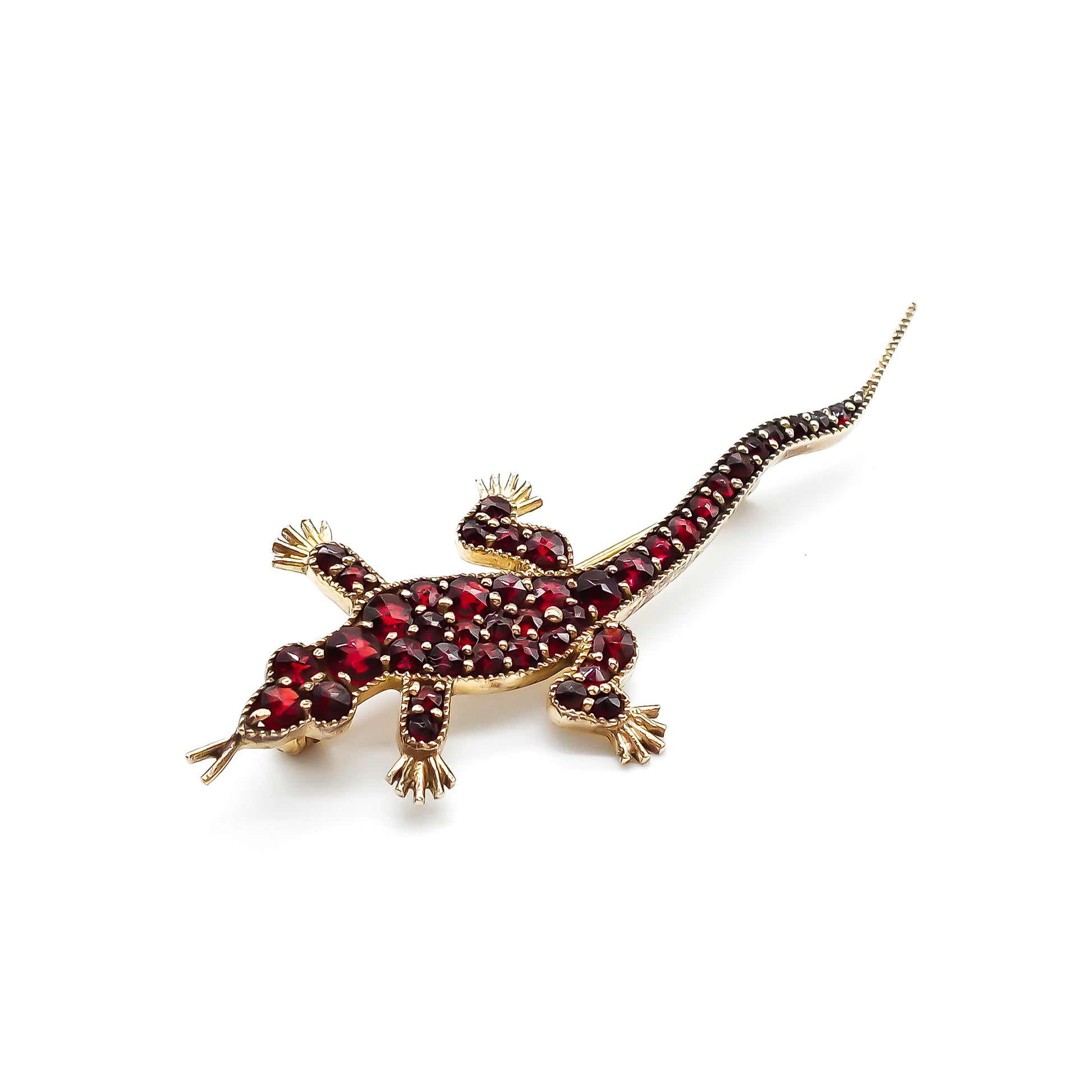 Charming vintage silver gilt lizard brooch set with deep red Bohemian garnets. 