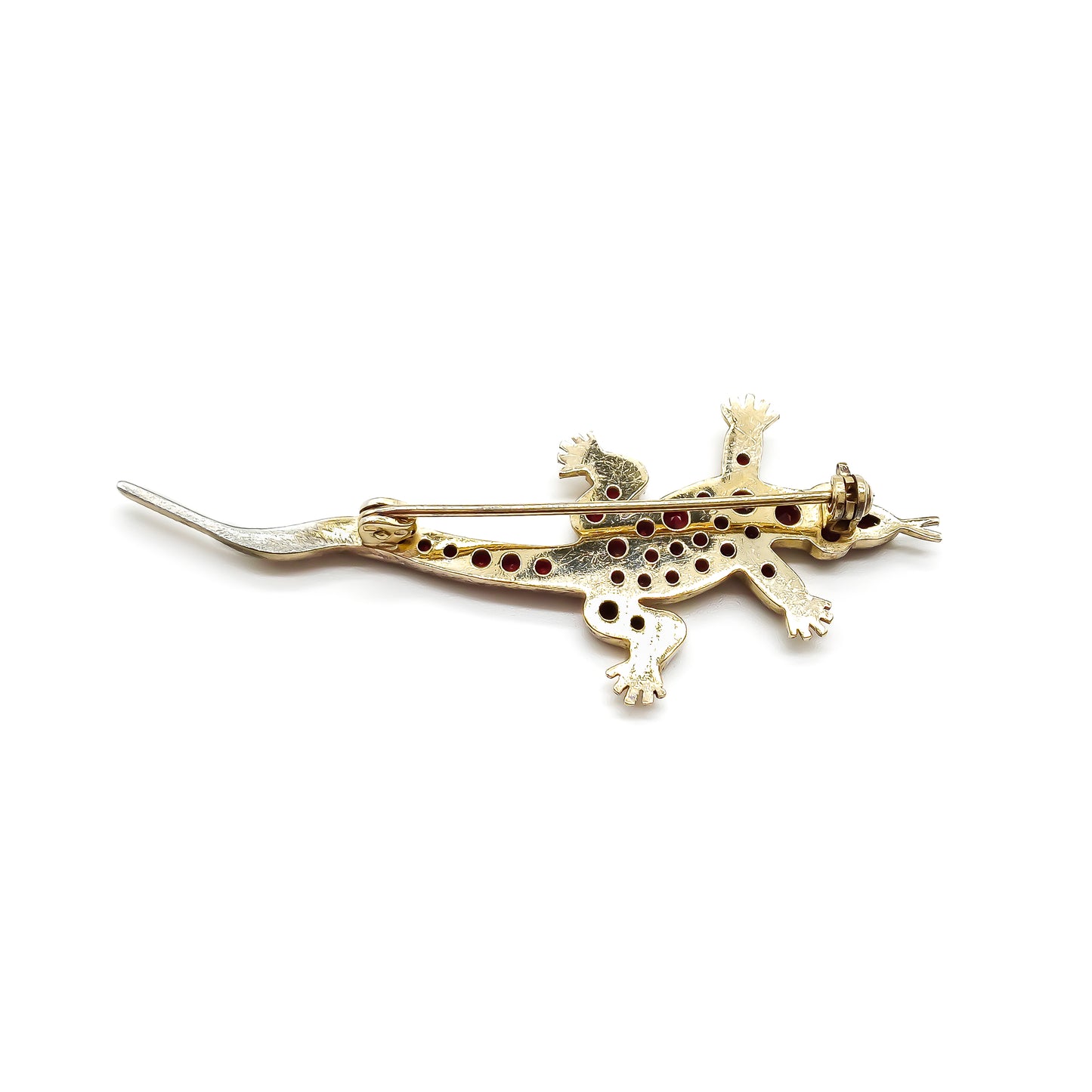 Charming vintage silver gilt lizard brooch set with deep red Bohemian garnets.