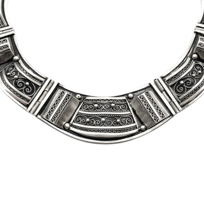 Unusual ethnic oxidised silver necklace with intricate filigree detail. Handmade.