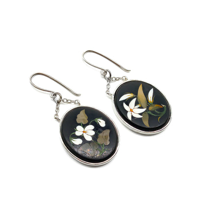 Vintage sterling silver drop earrings set with beautiful natural stone Pietra Dura inlay depicting wild flowers.