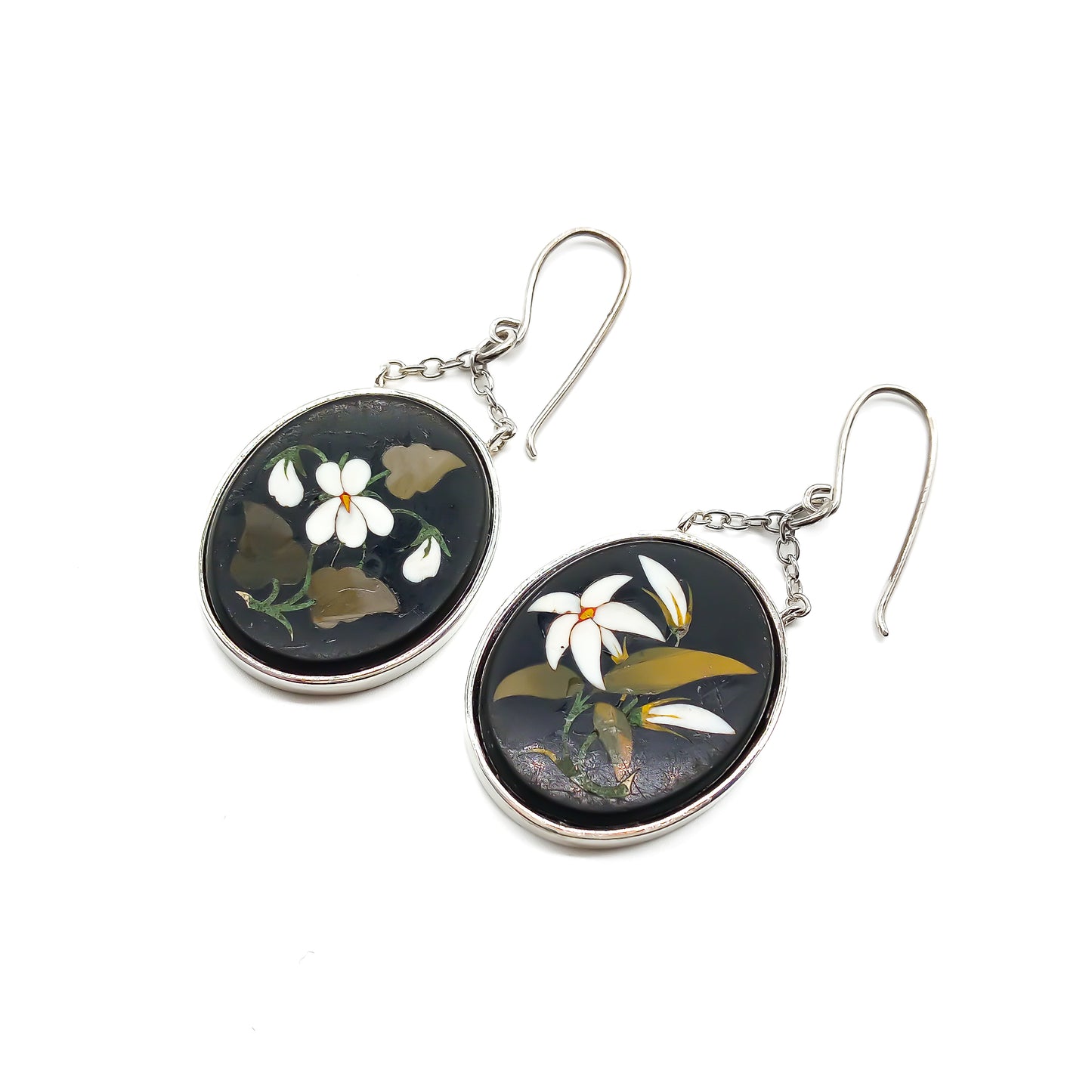 Vintage sterling silver drop earrings set with beautiful natural stone Pietra Dura inlay depicting wild flowers.