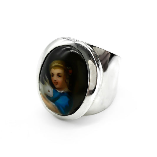 Very unusual heavy silver vintage ring set with a hand painted porcelain picture.