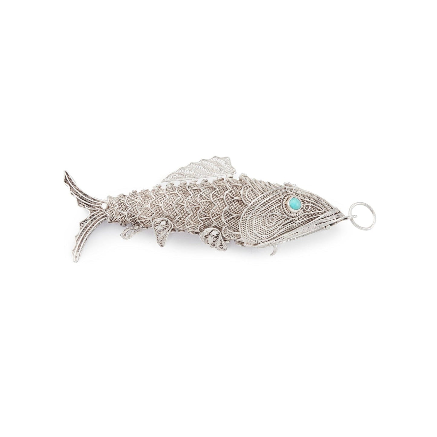 Charming vintage silver filigree spice holder fish pendant with turquoise eyes. The body is articulated with dangling fins.