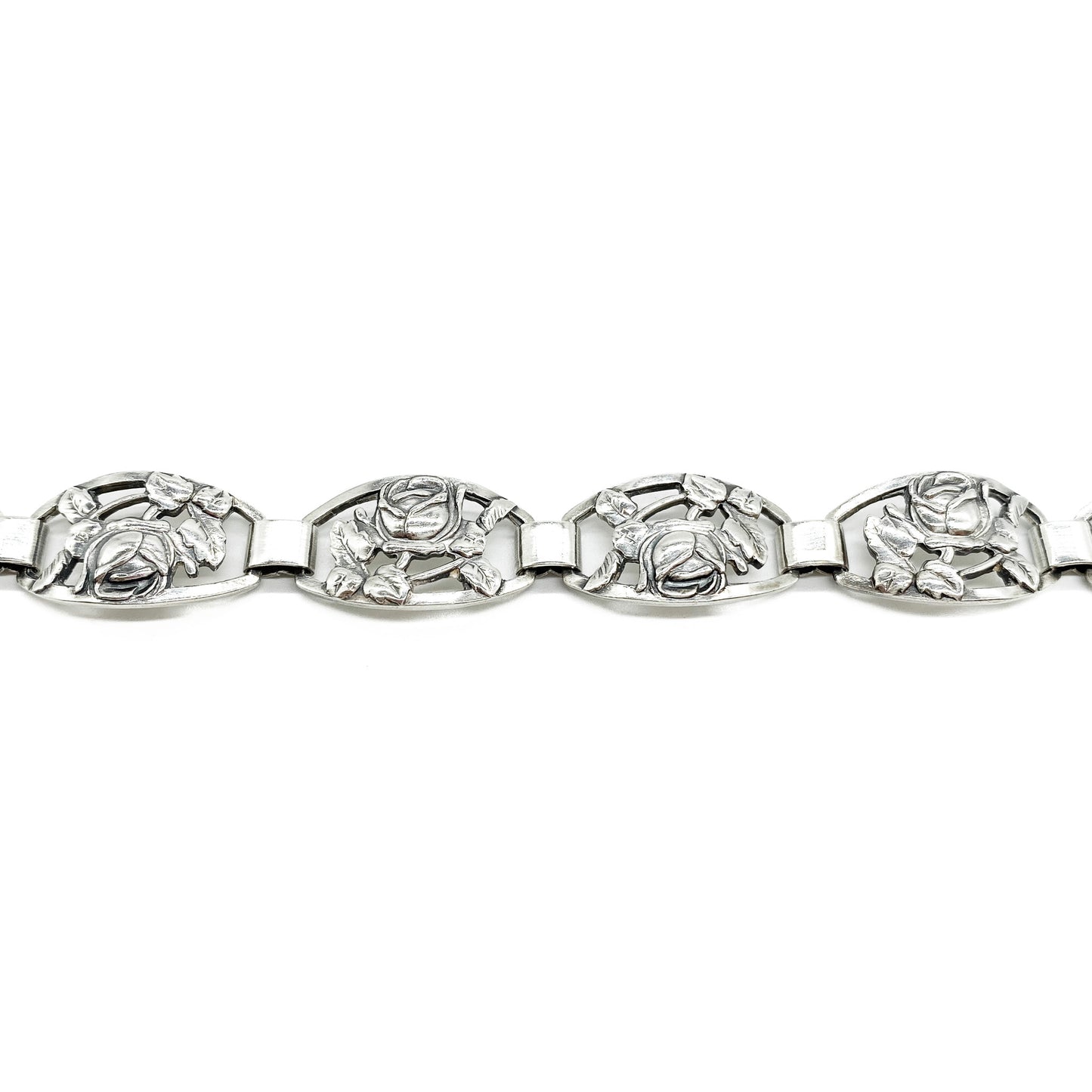 Ornate Danish sterling silver choker with fifteen links, each depicting a rose surrounded by leaves.