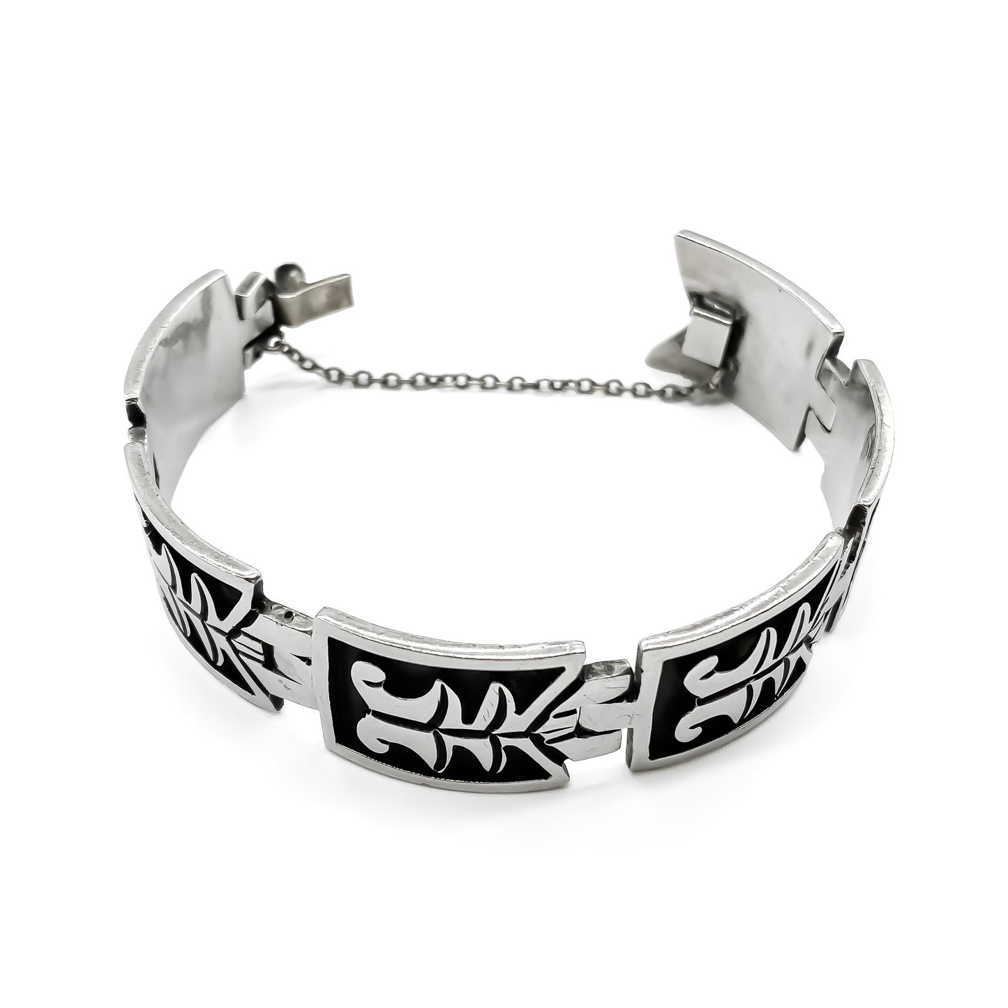 Heavy sterling silver Mexican panel bracelet with a geometric design. Taxco. Designer made. Eagle Hallmark