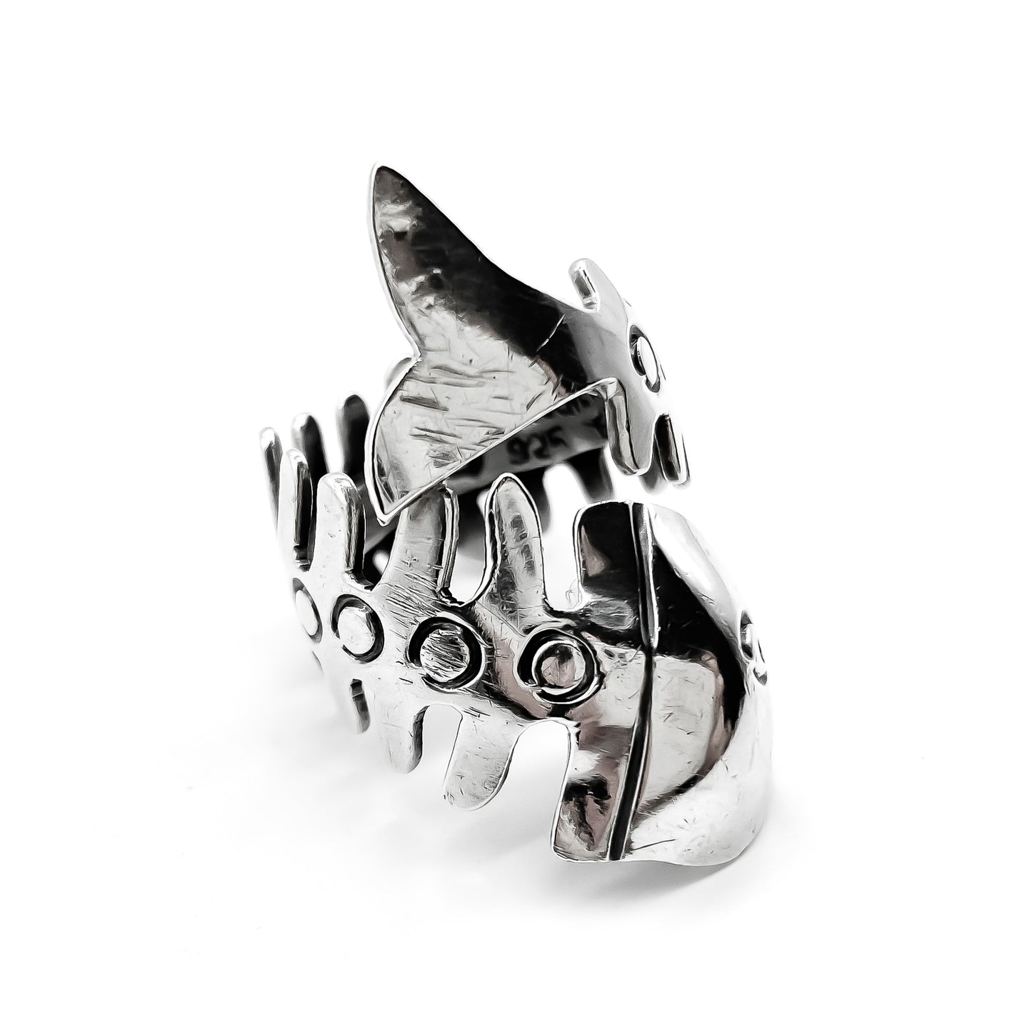 Vintage sterling silver Mexican ring in the shape of a fish skeleton.