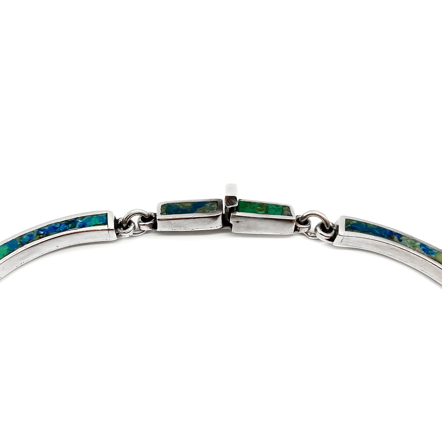 Ornate sterling silver Mexican necklace with deep green and blue crushed stone inlay and dangling drops. Designer: Los Castillo. Eagle Hallmark (Post 1947) Taxco.