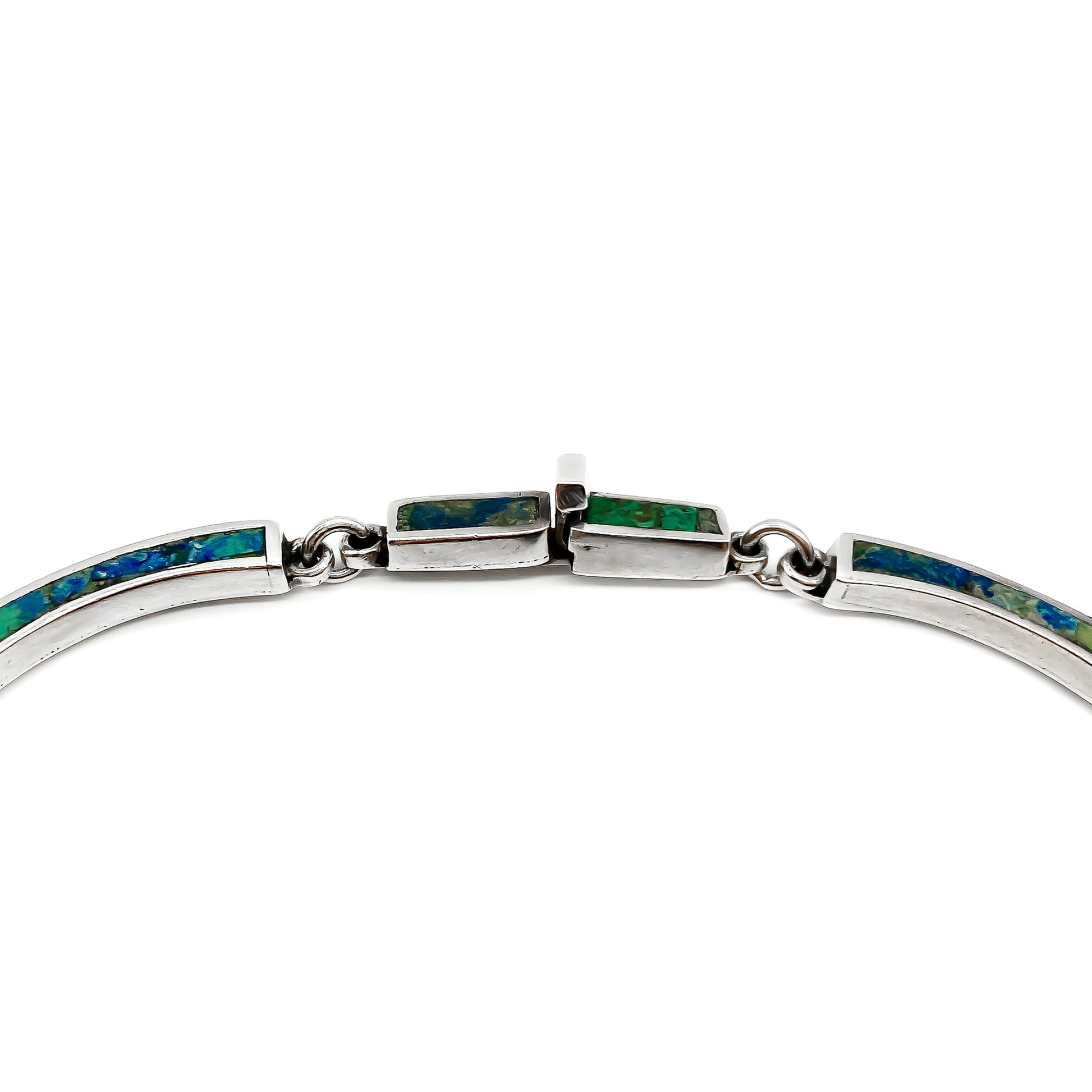 Ornate sterling silver Mexican necklace with deep green and blue crushed stone inlay and dangling drops. Designer: Los Castillo.  Eagle Hallmark (Post 1947) Taxco.