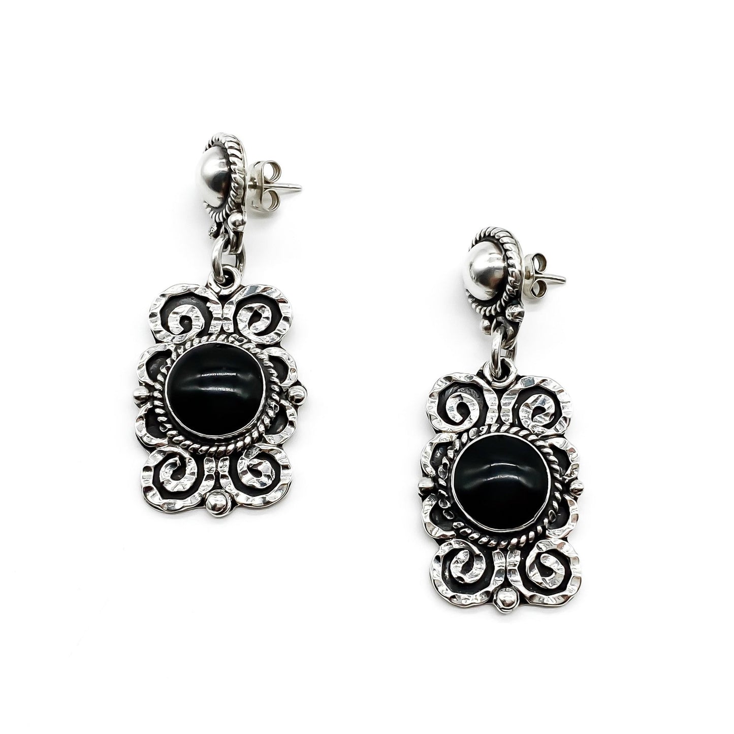 Lovely vintage sterling silver Mexican drop earrings, each set with a round onyx cabochon.