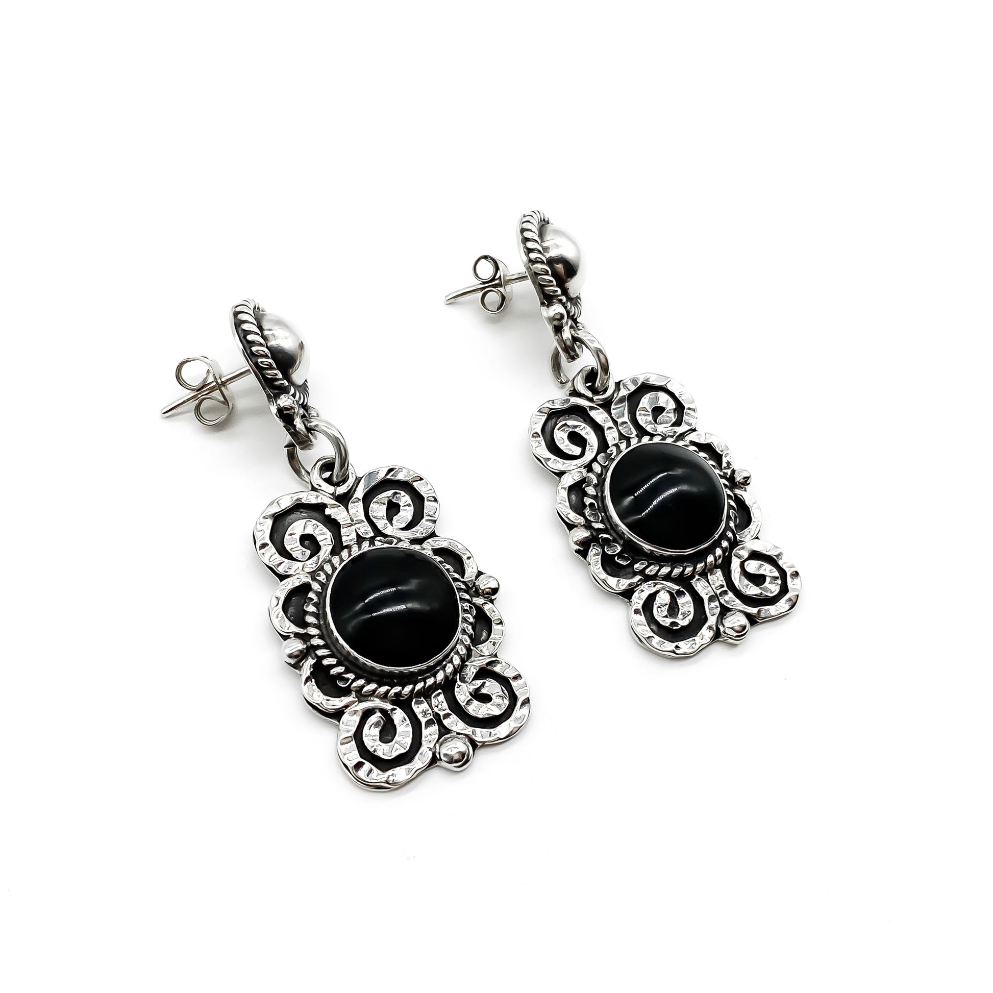 Lovely vintage sterling silver Mexican drop earrings, each set with a round onyx cabochon.
