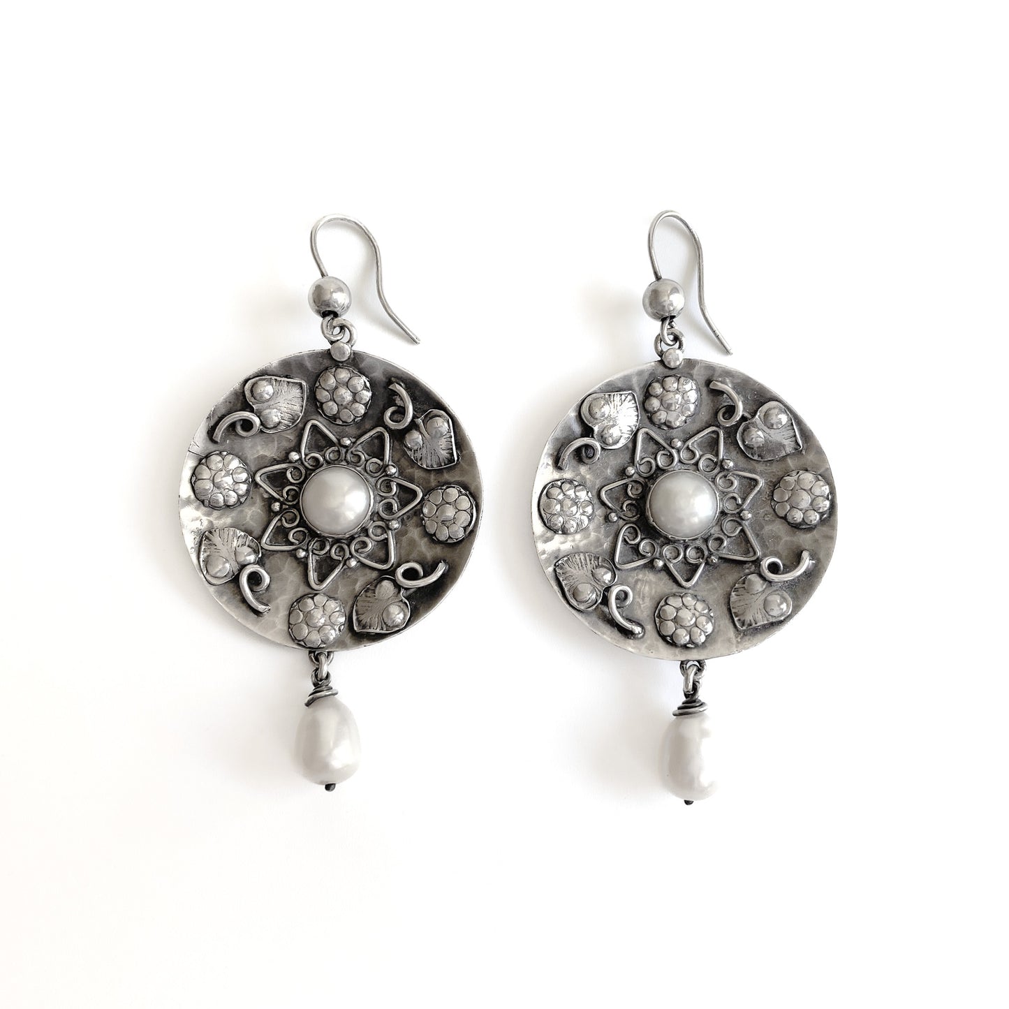 Stunning oxidised silver Arts and Crafts style earrings with dangling pearl drops.