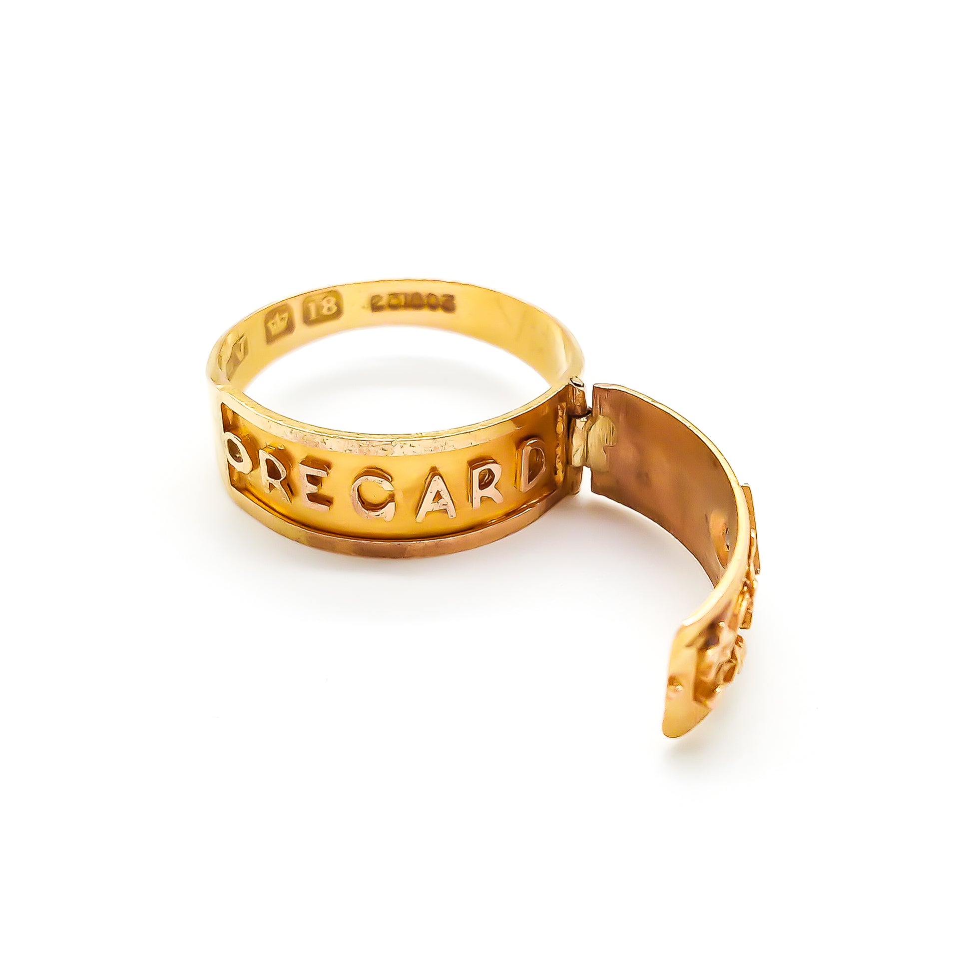 Rare 18ct gold Victorian REGARD ring set with a small mine-cut diamond and delicate leaf design.