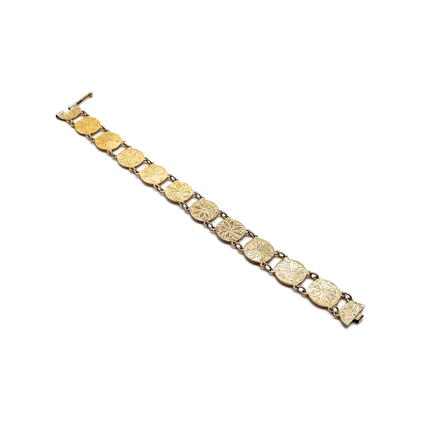 Antique 9ct rose gold disc bracelet with lovely engraving. Circa 1940's