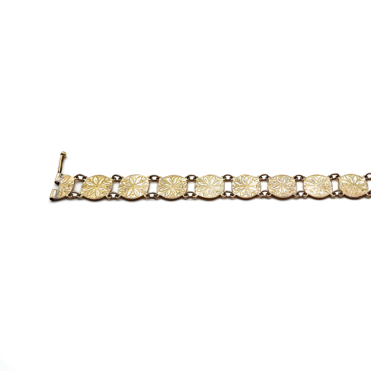 Antique 9ct rose gold disc bracelet with lovely engraving. Circa 1940's
