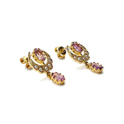 Edwardian 9ct Gold Amethyst and Seed Pearl Earrings