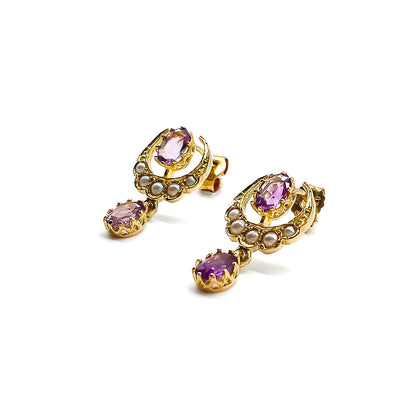 Edwardian 9ct Gold Amethyst and Seed Pearl Earrings