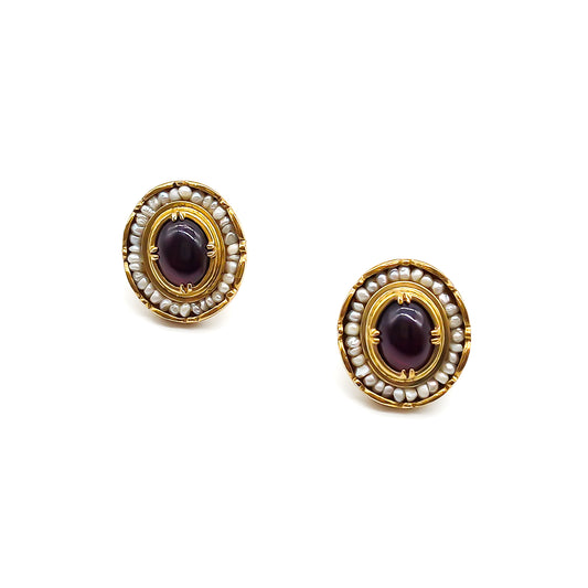 Gorgeous vintage silver gilt, cabochon garnet and seed pearl stud earrings.