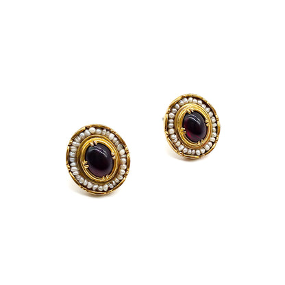 Gorgeous vintage silver gilt, cabochon garnet and seed pearl stud earrings.
