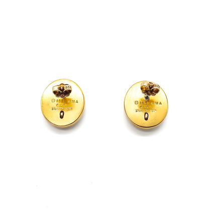 Back view of gorgeous vintage silver gilt, cabochon garnet and seed pearl stud earrings.