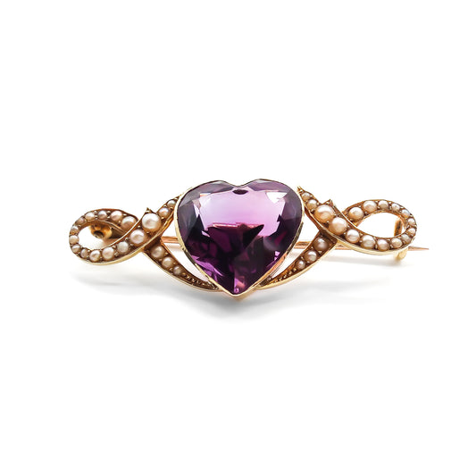 Stunning Victorian 15ct gold brooch set with a deep purple, heart-shaped amethyst and forty tiny seed pearls.