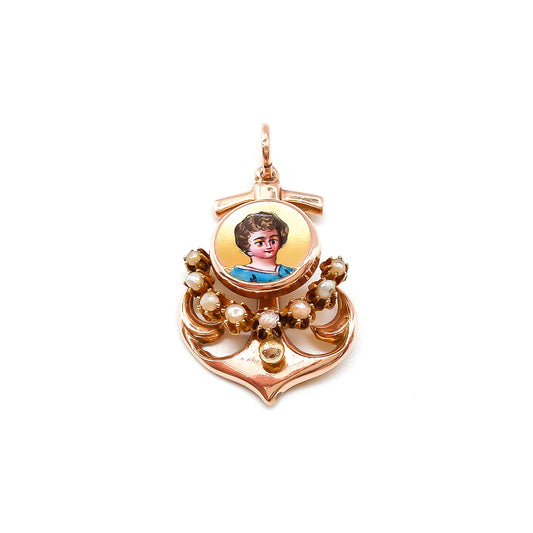 Pretty little 18ct rose gold anchor pendant with a hand-painted miniature portrait and seven seed pearls. Circa 1900