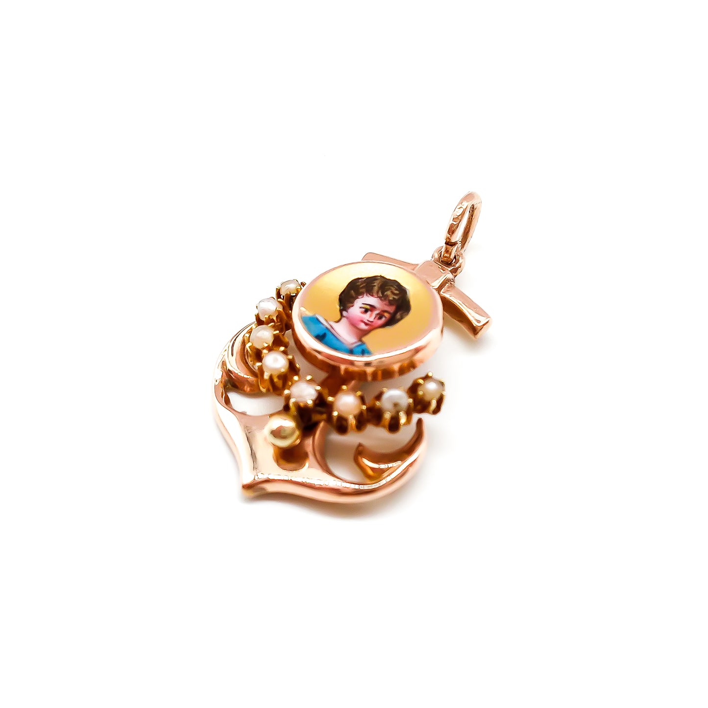 Pretty little 18ct rose gold anchor pendant with a hand-painted miniature portrait and seven seed pearls. Circa 1900