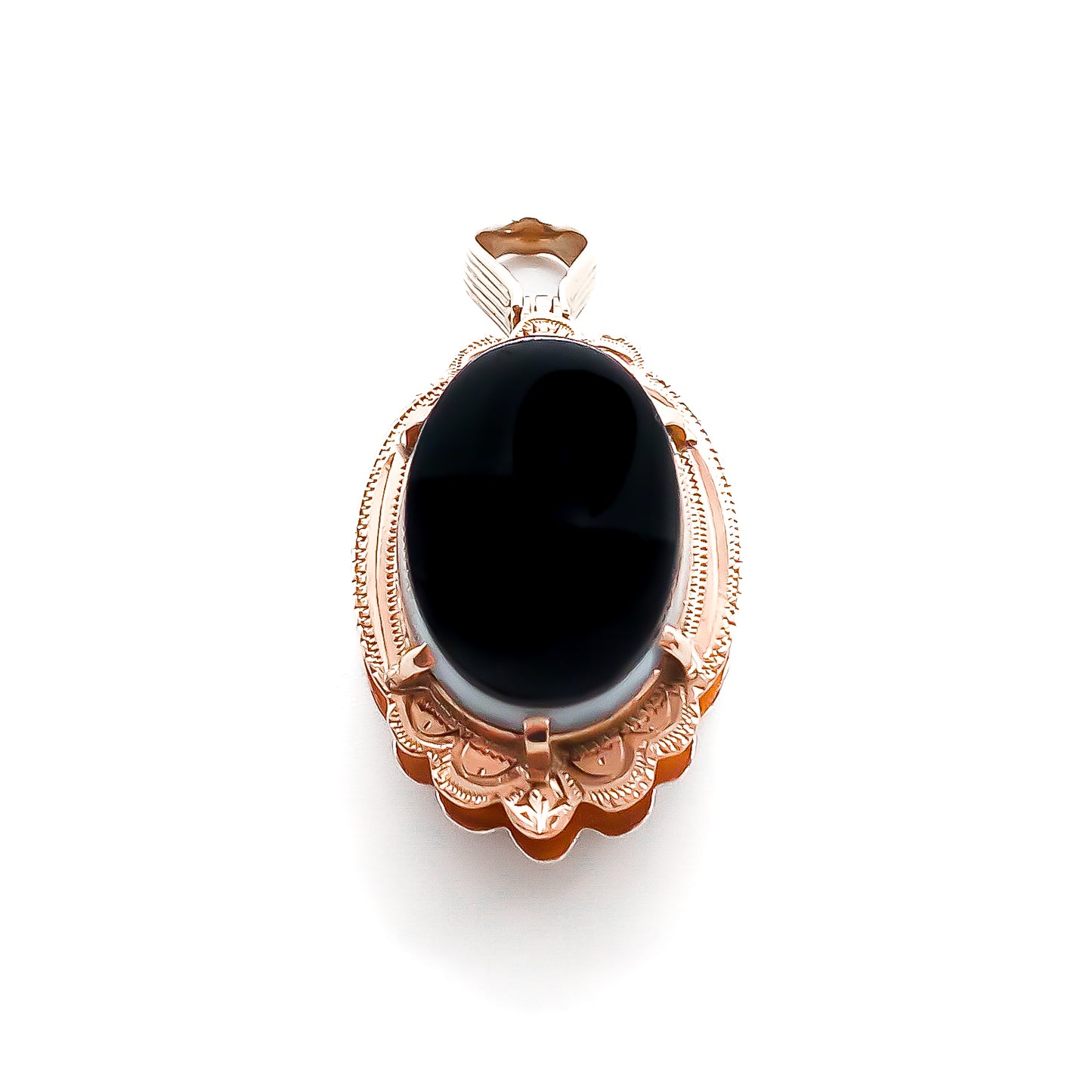 Very unusual and beautifully engraved Victorian 9ct rose gold double-sided fob set with onyx and carnelian.