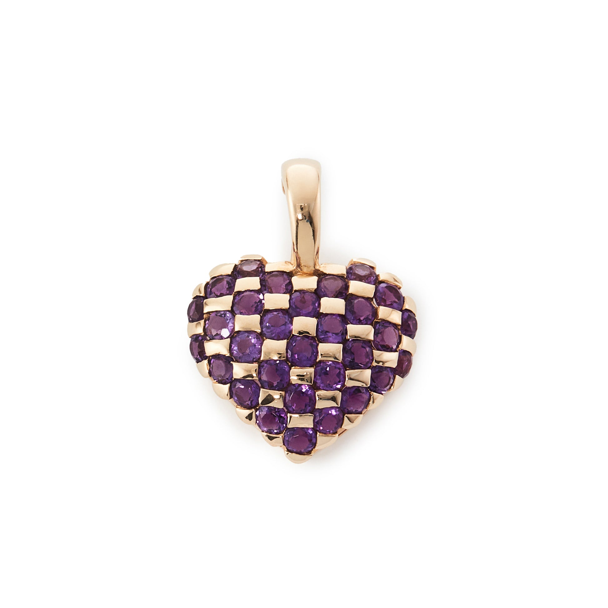 Lovely 14ct yellow gold heart shaped pendant set with thirty faceted amethysts. Bail opens to easily attach to a chain or a string of pearls.