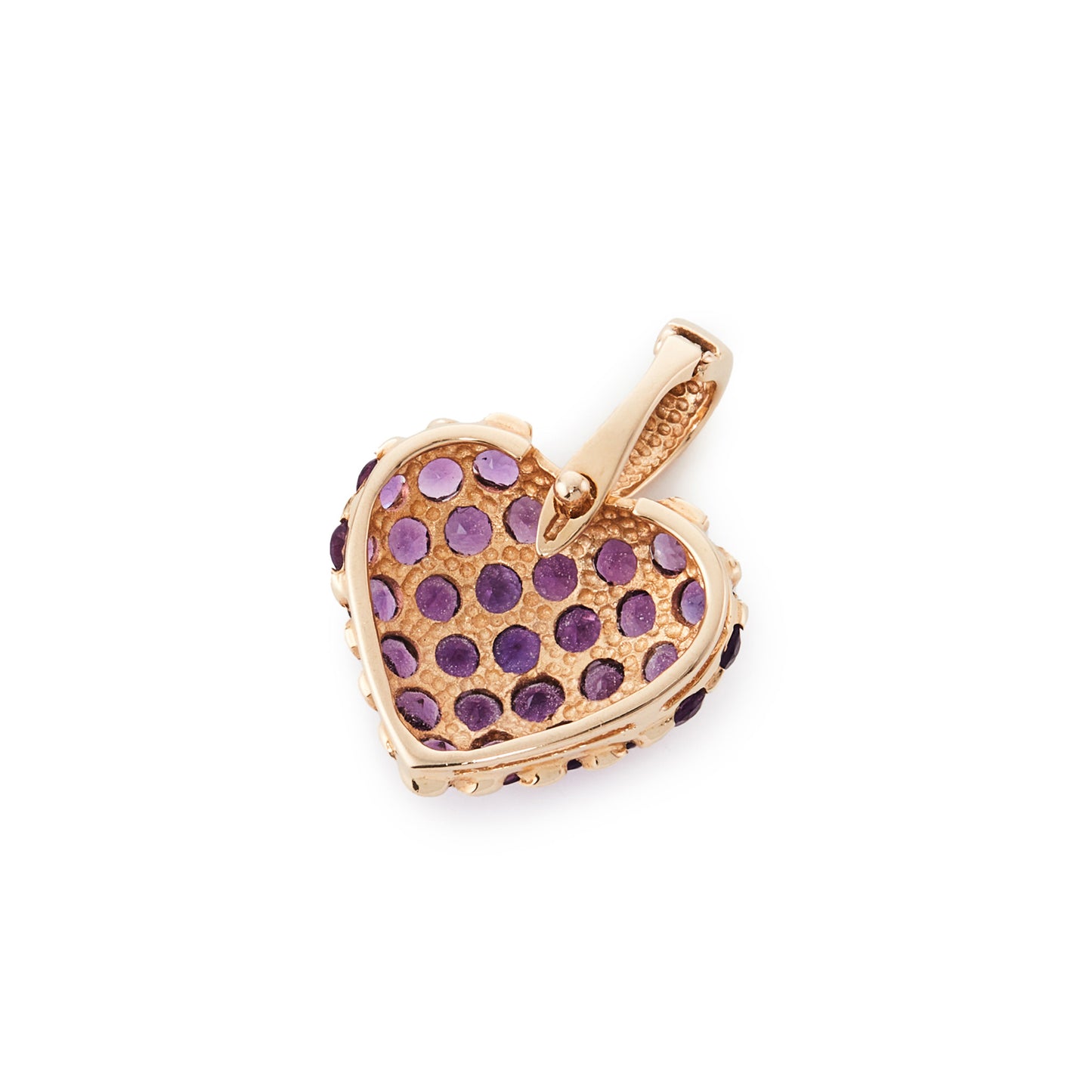 Lovely 14ct yellow gold heart shaped pendant set with thirty faceted amethysts. Bail opens to easily attach to a chain or a string of pearls.