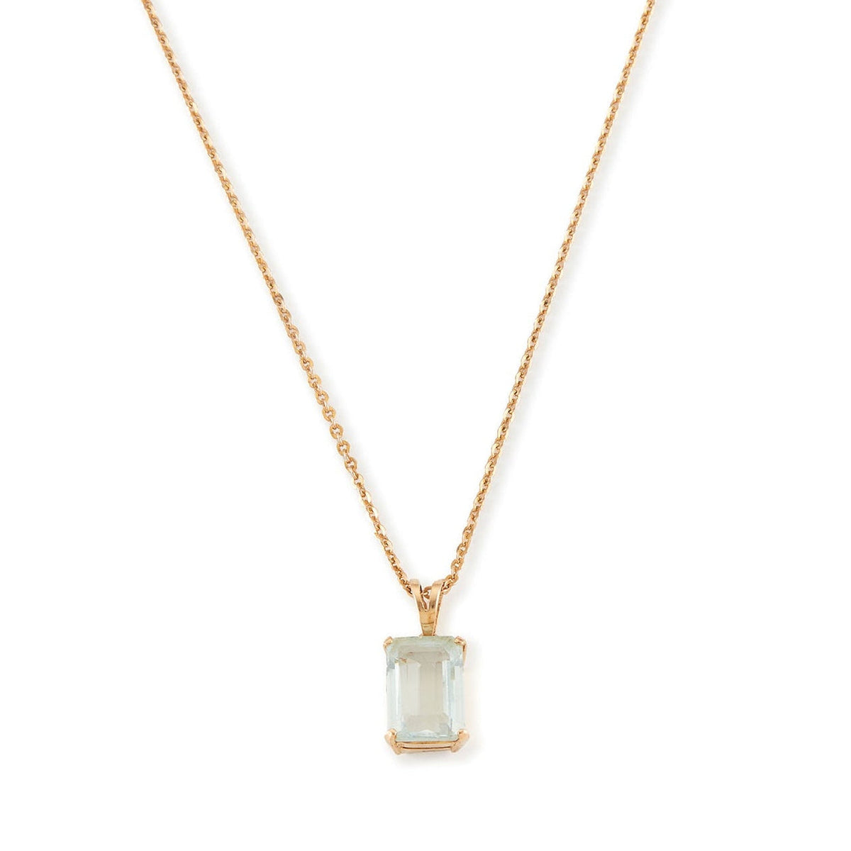 Lovely emerald-cut aquamarine in a 14ct gold pendant setting, on a 9ct gold chain.
