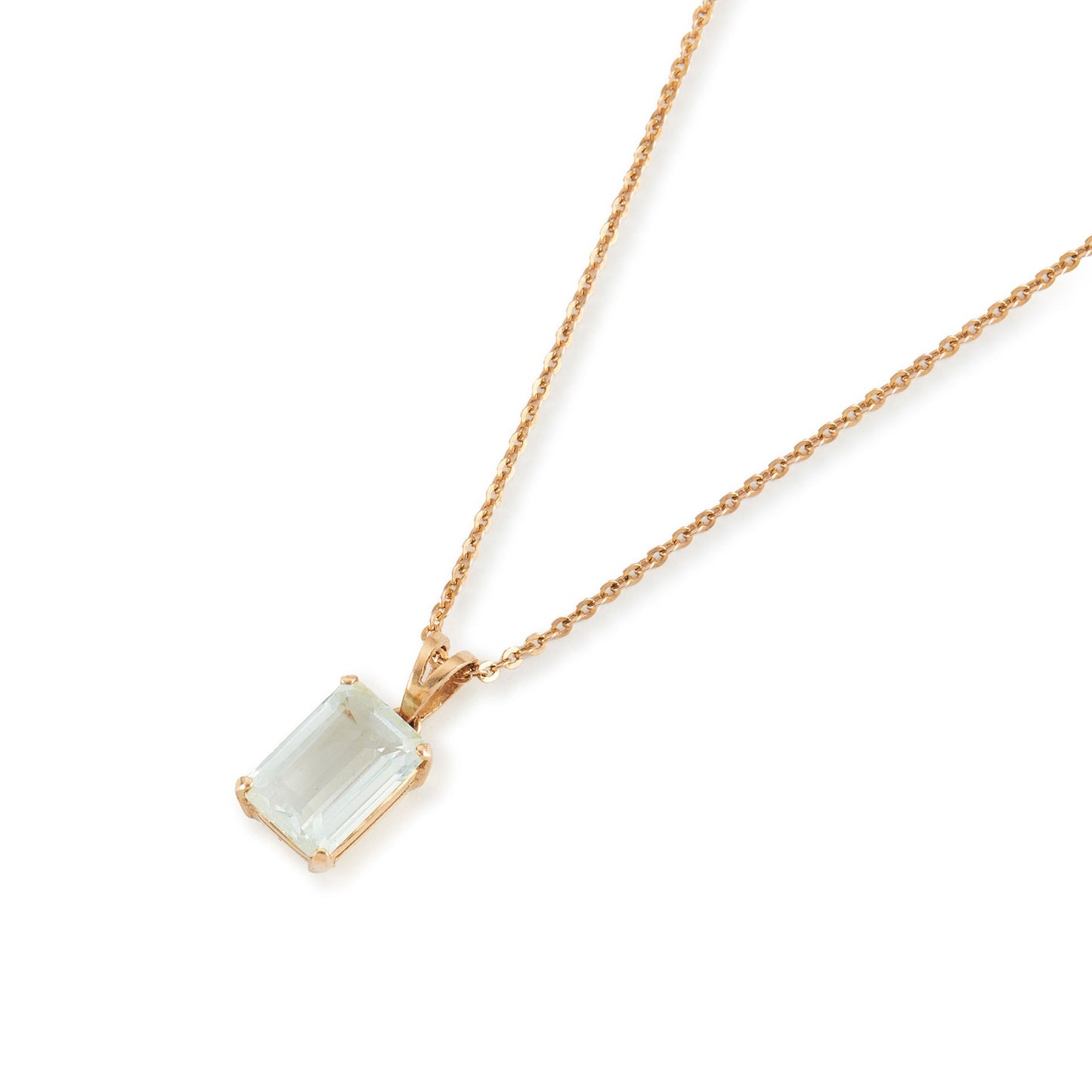 Lovely emerald-cut aquamarine in a 14ct gold pendant setting, on a 9ct gold chain.