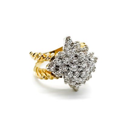 Stunning 14ct yellow gold cocktail ring set with thirty-seven diamonds in white gold tier setting.