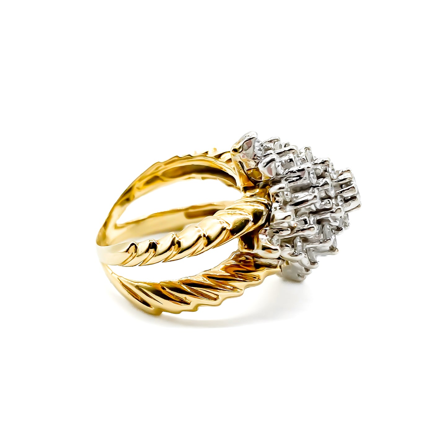 Stunning 14ct yellow gold cocktail ring set with thirty-seven diamonds in white gold tier setting.