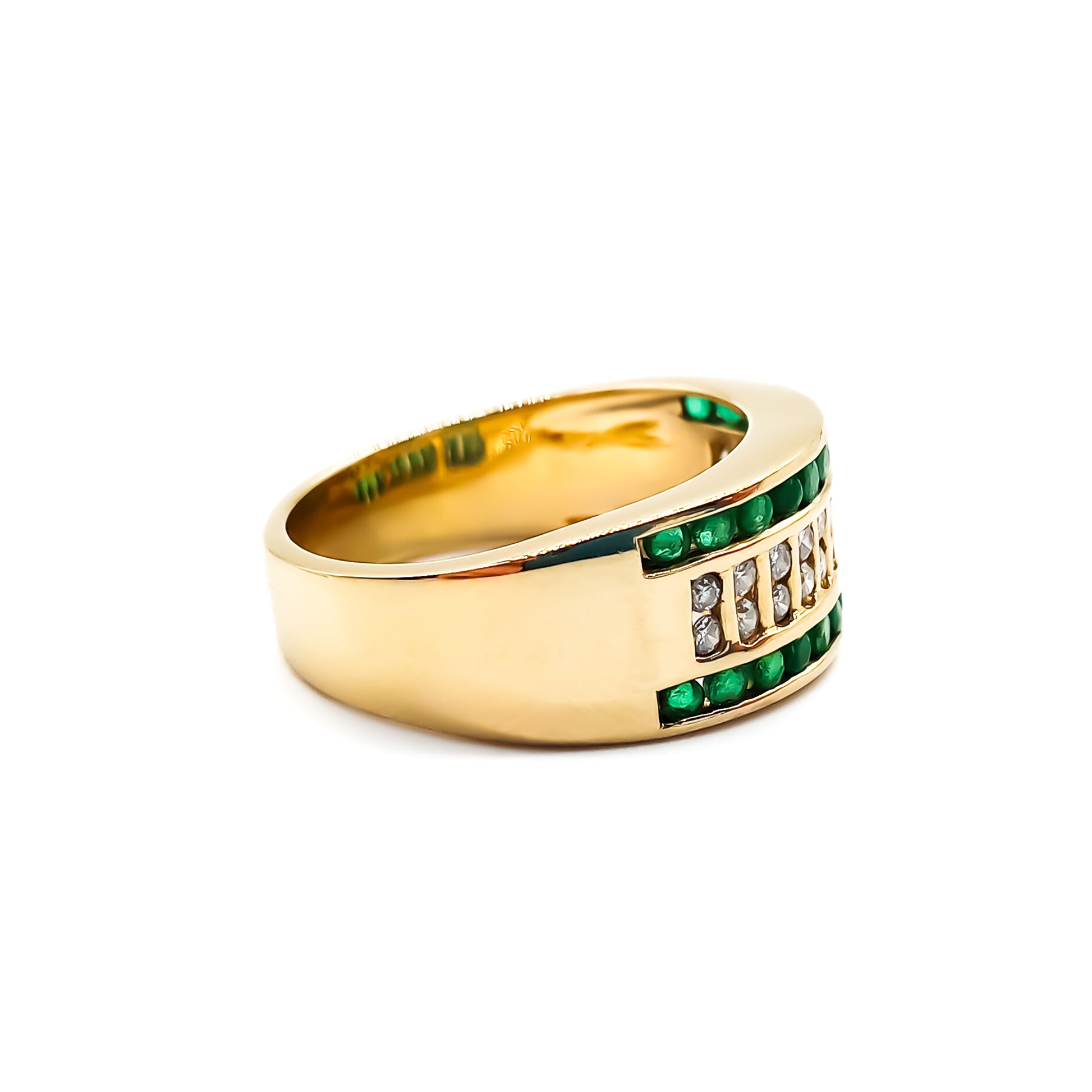 Stunning 14ct yellow gold ring with twenty-four round emeralds and twenty-two small round diamonds in a channel setting.