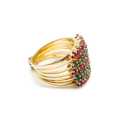 Gorgeous 14ct yellow gold five-band emerald and ruby stack ring. Circa 1940’s