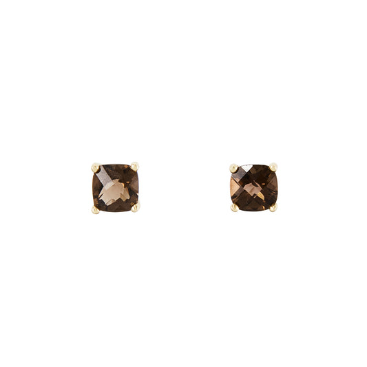 Beautifully faceted square smokey quartz stones, each set in a 14ct yellow gold setting.