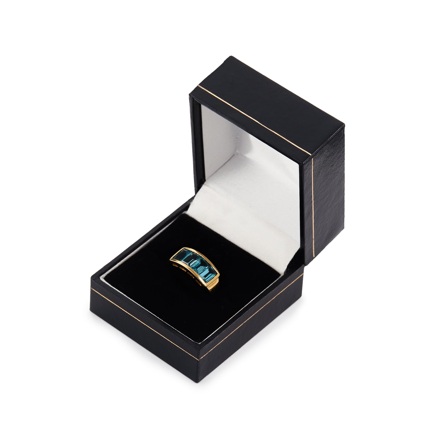 Classic 14ct yellow gold ring with four faceted, bright blue topaz stones in a channel setting.