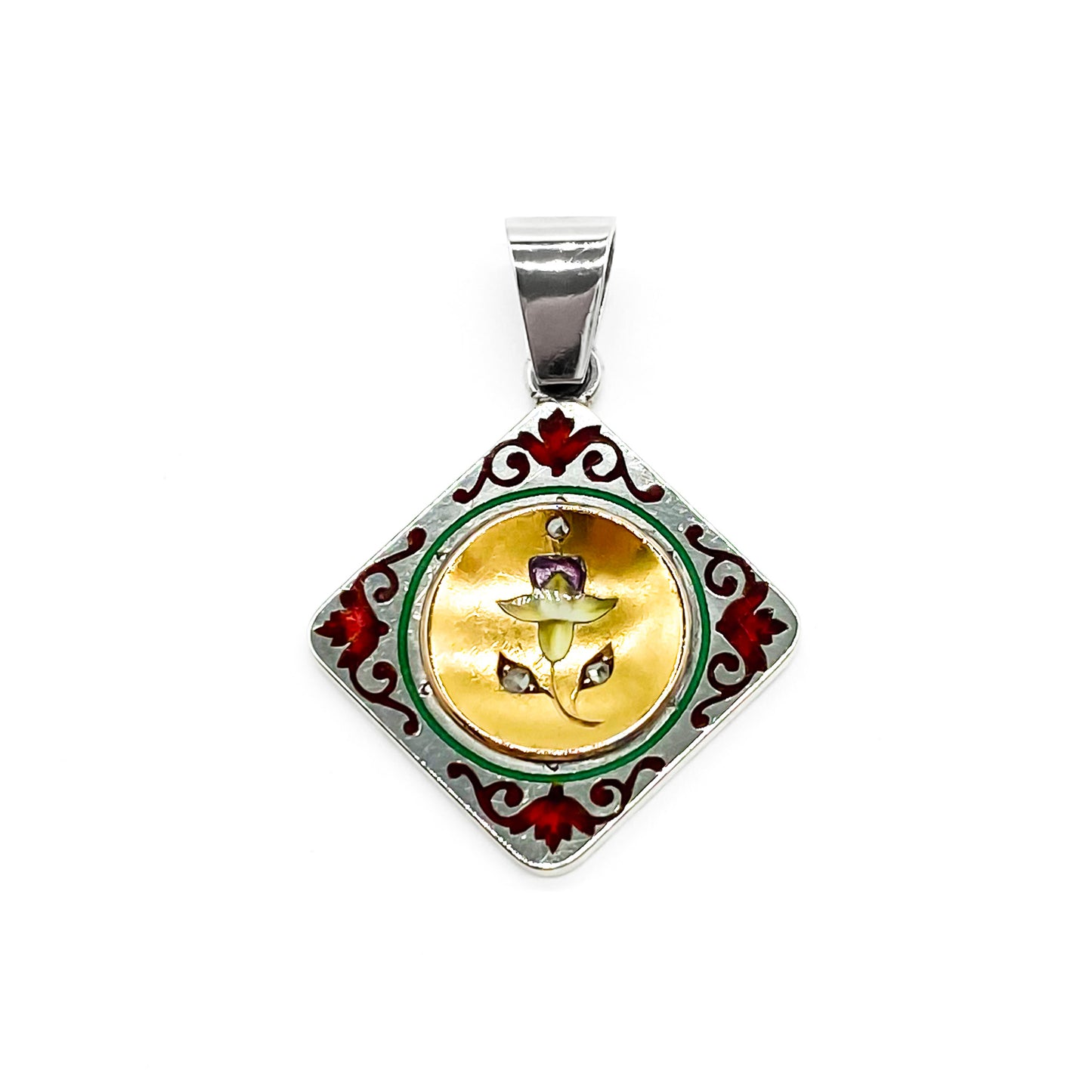 Pretty 14ct gold and silver antique enamelled flower pendant set with three tiny mine cut diamonds.