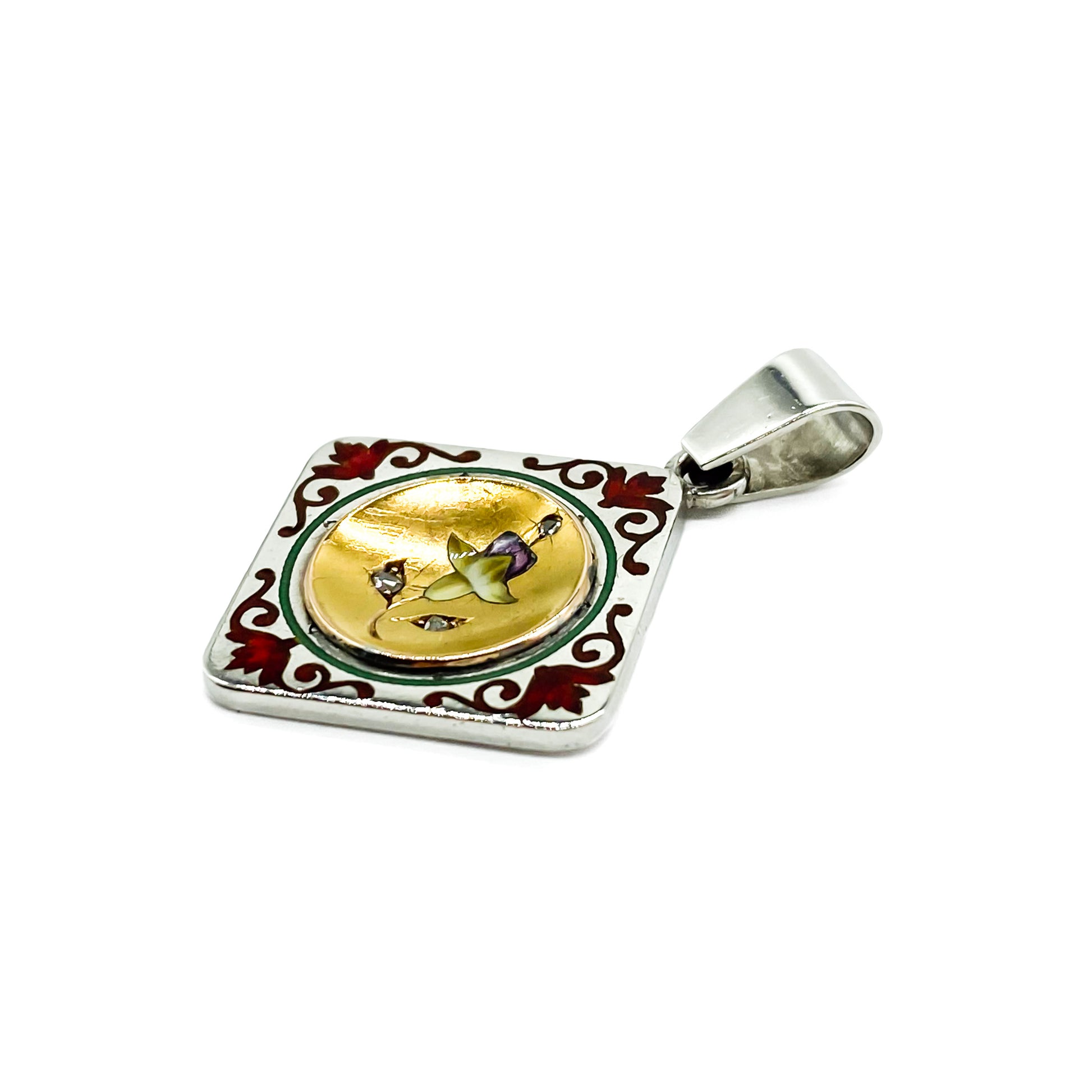 Pretty 14ct gold and silver antique enamelled flower pendant set with three tiny mine cut diamonds.